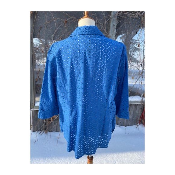Vintage 90s Alia Blazer Shacket Blue Eyelet Lace Sheer 3/4 Sleeve Sz 16 - Picture 5 of 9